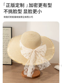 French Style Wide Brim Straw Sun Hat with Lace Tie for Beach Vacation