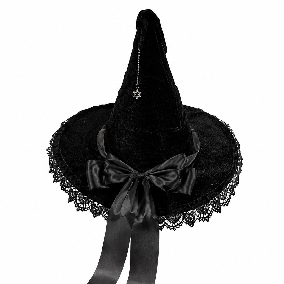 Gothic Lolita Witch Hat Velvet Lace Wide Brim Pointed Hat with Bow for Halloween Cosplay Party
