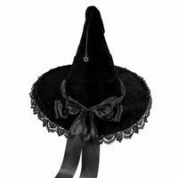 Gothic Lolita Witch Hat Velvet Lace Wide Brim Pointed Hat with Bow for Halloween Cosplay Party