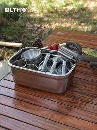 LTHW Portable Outdoor Camping Dinnerware Set - 304 Stainless Steel Bowls, Plates, Cups, Chopsticks, Spoons