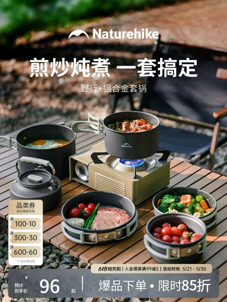 Portable Camping Cookware Set with Kettle, Aluminum Alloy Frying Pan, Skillet, and Hanging Pot