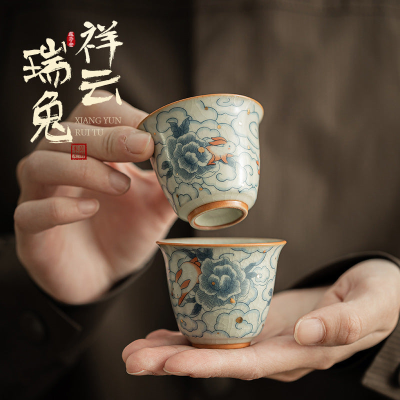 Ru Kiln Style Auspicious Rabbit Teacup Ceramic Tea Bowl for Home Tea Ceremony