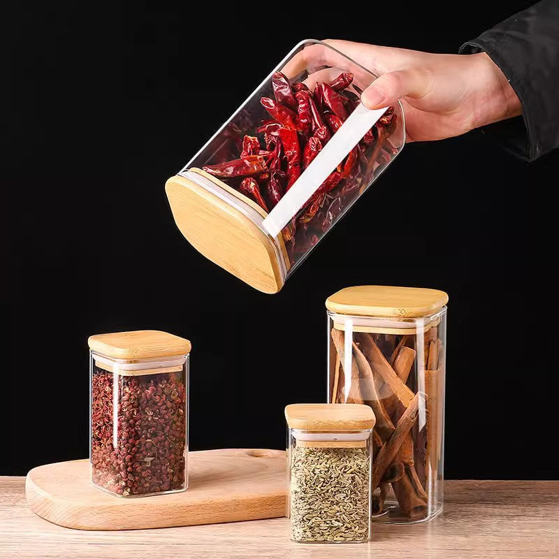 Square Glass Storage Jar with Wooden Lid for Grains and Dry Goods
