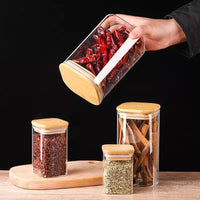 Square Glass Storage Jar with Wooden Lid for Grains and Dry Goods