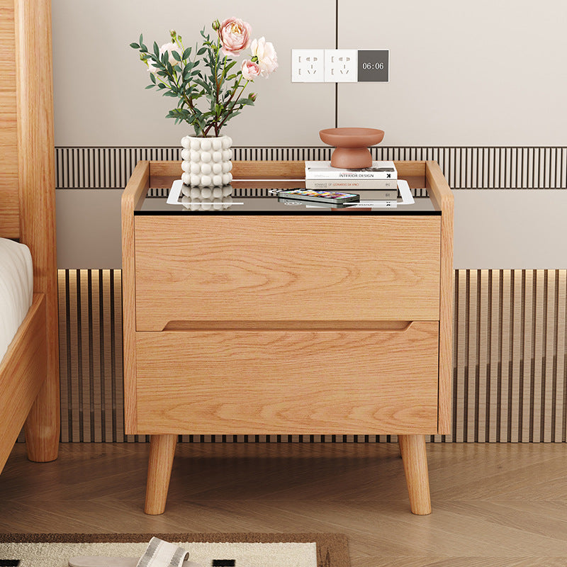 Solid Wood Smart Nightstand with Charging, Nordic Style Oak Bedside Table for Bedroom, Hotel, Homestay