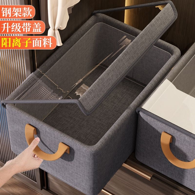 Foldable Steel Frame Storage Box with Lid, Cationic Fabric Organizer for Clothes and Under-Bed Storage