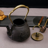 Creative Copper Handle Iron Teapot with Copper Lid for Home Use, Uncoated Tea Kettle