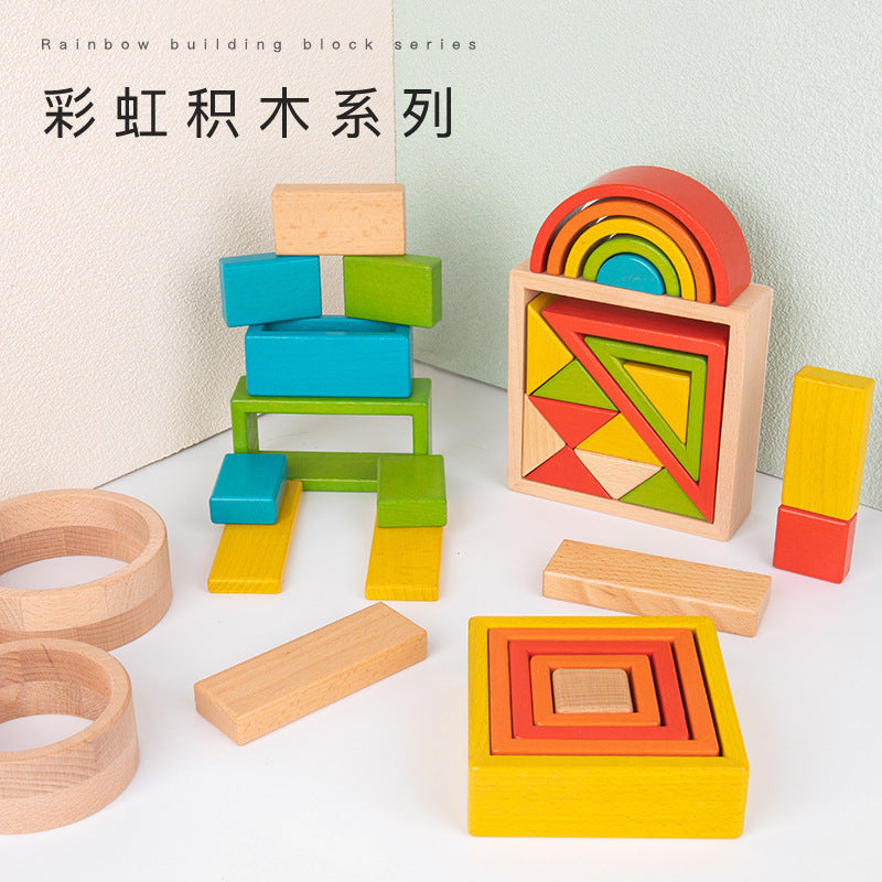 Montessori Beechwood Geometric Rainbow Stacking Blocks for Early Education