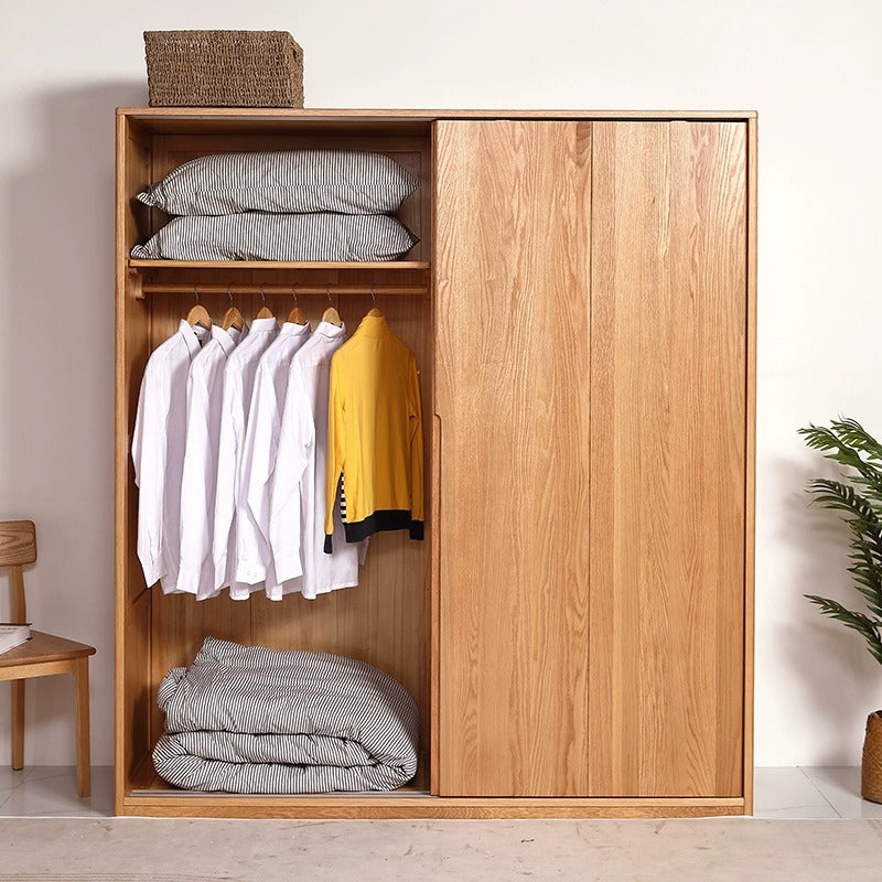 Solid Oak Wood Wardrobe with Sliding Doors, Nordic Style Home Storage Cabinet for Bedroom