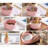 Embossed Cherry Blossom Ceramic Matcha Bowl Set with Spout - 7 Pieces