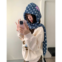 Women's Polka Dot Plush Hooded Scarf with Earflaps - Integrated Winter Warmth