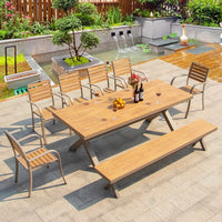 Outdoor Patio Dining Set Weather-Resistant Plastic Wood Table and Bench for Garden Balcony Cafe