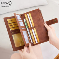 RFID Blocking Women's Tri-fold Long Wallet Multi-card Holder Vintage Fashion Clutch