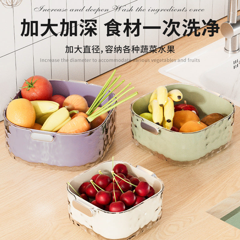 Double-Layer Vegetable Washing Basin Drain Basket Set - 6 Pieces for Kitchen and Living Room, Simple Plastic Fruit Washing Basket