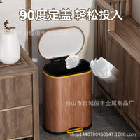 New Chinese Style Retro Wood Grain Stone Pattern Stainless Steel Trash Can with Lid for Kitchen Living Room Bedroom