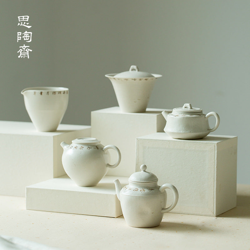 Wabi-Sabi Style Ceramic Gaiwan Teapot Set with Hand-Painted Poetry, Japanese Retro Kung Fu Tea Ceremony