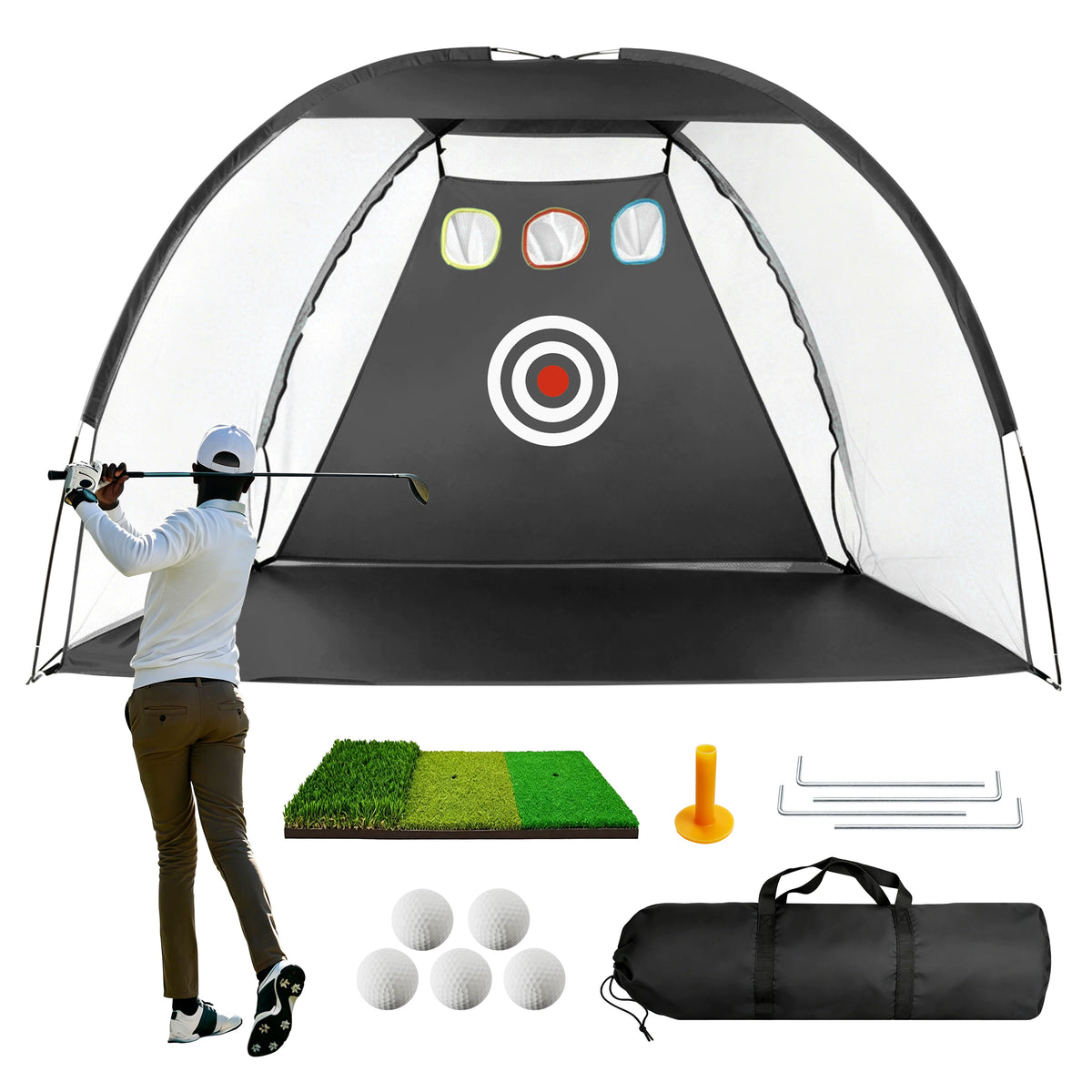 Golf Hitting Net with Mat and Balls, 2m Portable Driving Range Practice Cage for Indoor Outdoor Training