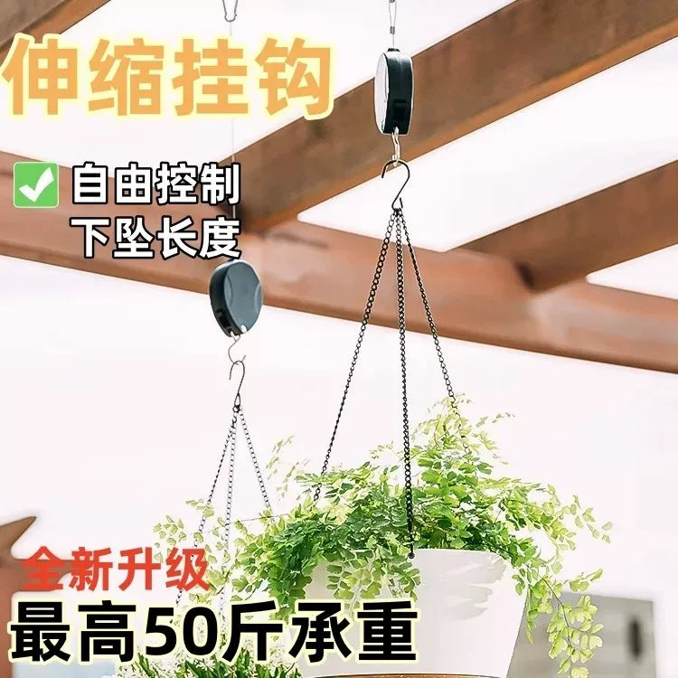 Retractable Hanging Basket Hook for Outdoor Planters and Bird Cages, Adjustable Height with Free Stop Function