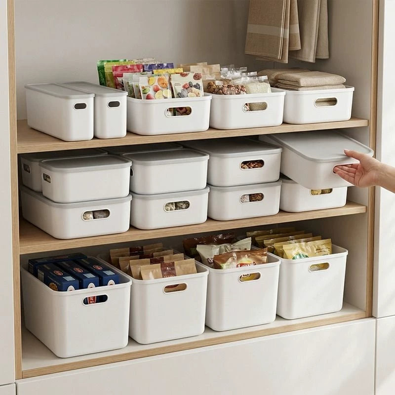Plastic Storage Bins with Lids, Desktop Organizer for Cosmetics, Snacks, Toys, and Kitchen Items
