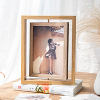 Double-Sided Rotating Photo Frame Nordic Style Wooden Picture Holder for Tabletop Display