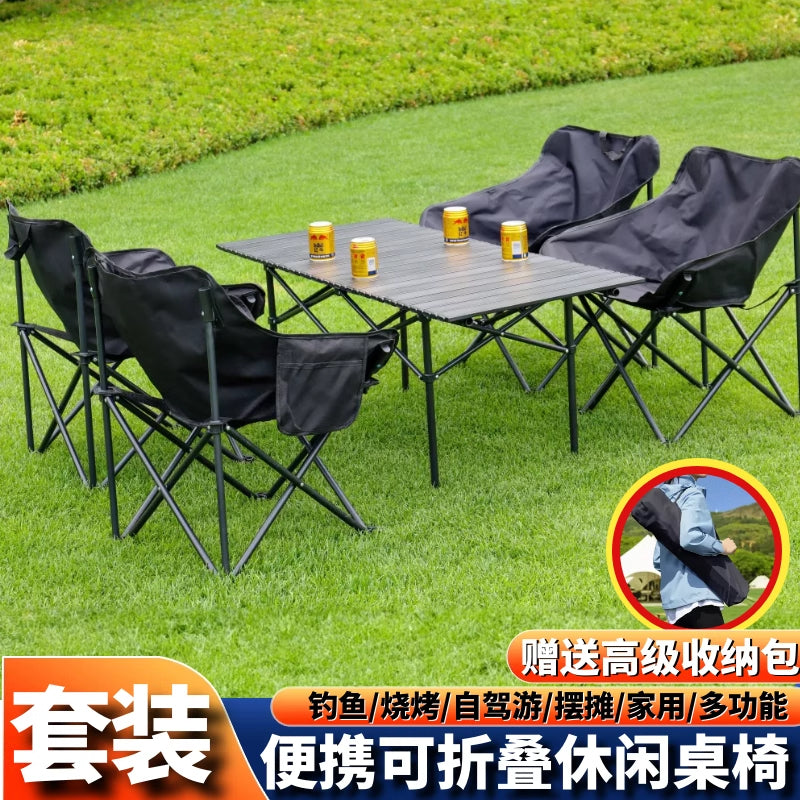 Portable Outdoor Camping Table and Chair Set with Moon Chairs and Roll-Up Table