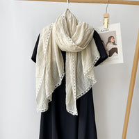 Summer Thin Cotton Linen Shawl Wrinkled Solid Color Sun Protection Scarf with Lace Trim
