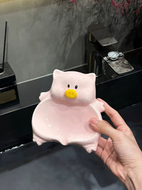 Cute Piggy Ceramic Soap Dish with Drainage for Bathroom and Shower