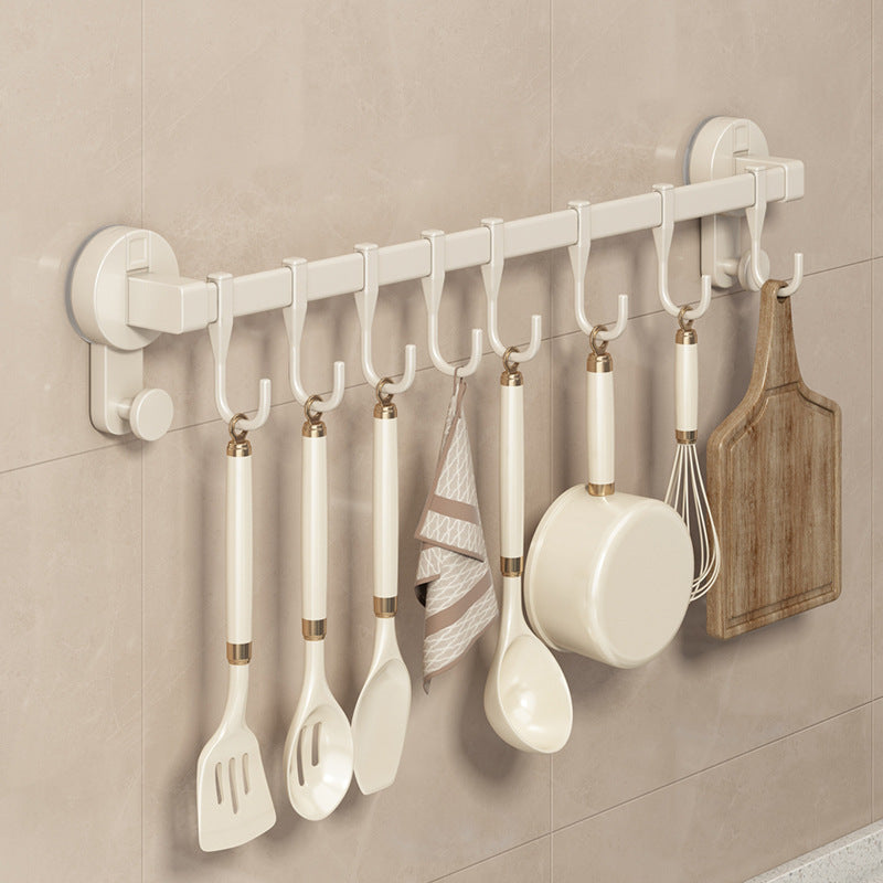 Cream Style Suction Cup Kitchen Utensil Hanging Rack with Hooks, No-Drill Wall Mounted Organizer for Spatulas, Spoons, and Knives
