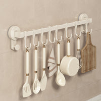 Cream Style Suction Cup Kitchen Utensil Hanging Rack with Hooks, No-Drill Wall Mounted Organizer for Spatulas, Spoons, and Knives