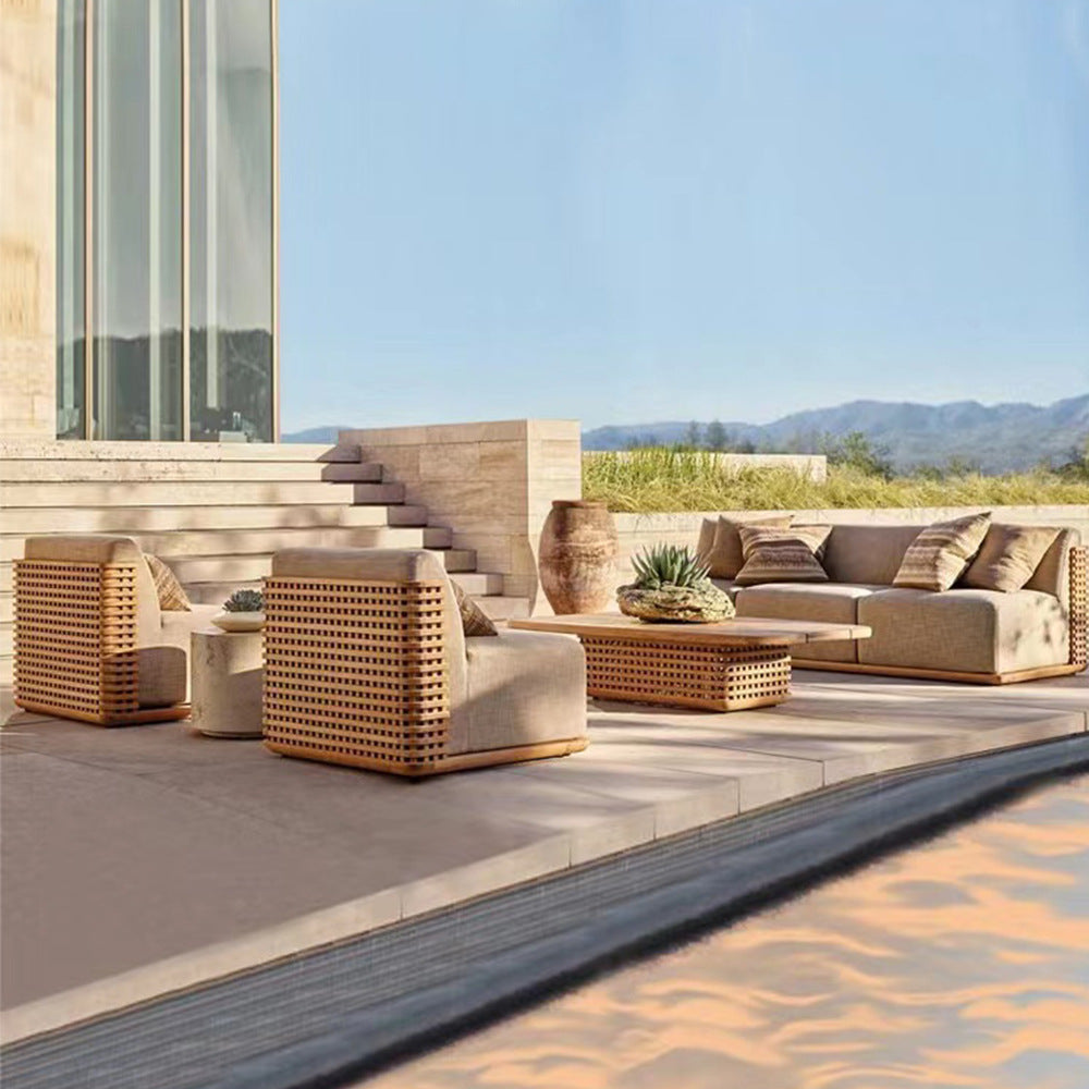 Nordic Outdoor Teak Sofa Set with Quick-Dry Cushions, All-Weather Wicker Rattan Furniture for Patio, Villa, Hotel