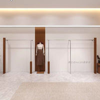 Stainless Steel Wall-Mounted Garment Rack with Walnut Finish for Retail Display