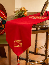 Red Wedding Table Runner with Double Happiness Character for Engagement and Celebration Decor
