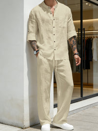 Men's Vintage Stand Collar Linen Long Sleeve Shirt & Pants Set