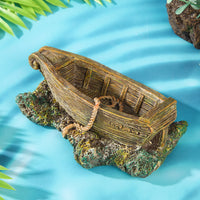 Mediterranean Style Resin Lighthouse Fish Tank Ornament with Small Wooden Boat and Reef Decor