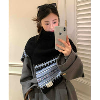 Vintage Fair Isle Jacquard Knitted Poncho Scarf for Women, Winter Warm High-Neck Shawl Wrap