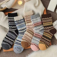Fair Isle Vintage Wool Blend Mid-Calf Socks for Women, Thickened Ethnic Style Winter Warm Socks