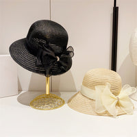 Women's Bowknot Mesh Wide Brim Straw Sun Hat for Beach and Outdoor Protection