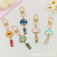 Japanese Fan Keychain with Tassel and Animal Charm, Blessing Message Pendant for Bags