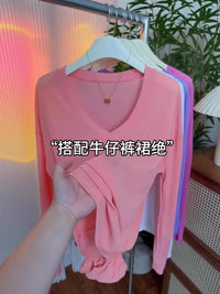 Women's V-Neck Long Sleeve UPF50 Sun Protection T-Shirt Loose Fit Solid Color Top