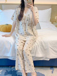 Women's Cotton Blend Short Sleeve Pajama Set with Long Pants, Princess Style, Anti-Bump Design