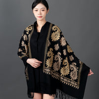 Ethnic Paisley Faux Cashmere Scarf Shawl for Women, Extra Long Thick Embroidered