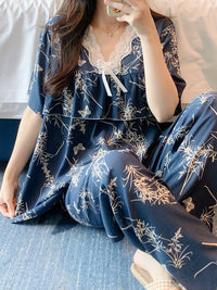 Women's Cotton Pajama Set Short Sleeve Breathable Sleepwear with Princess Style