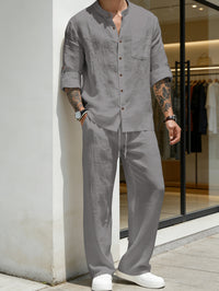 Men's Vintage Stand Collar Linen Long Sleeve Shirt & Pants Set