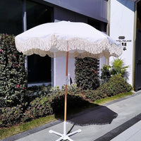 Fringed Cotton Beach Umbrella with Wooden Pole for Garden Patio Sun Protection