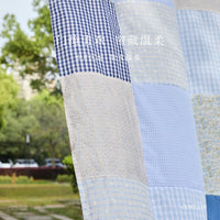 Japanese Pastoral Floral Patchwork Plaid Door Curtain with Tie-Up Design, No-Drill Half Curtain for Bedroom Kitchen Decor