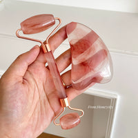 2-Piece Amber Pink Facial Roller & Gua Sha Set for Face Lifting & Relaxation