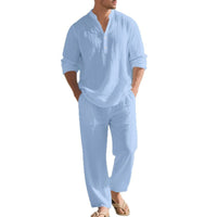 Men's Loose Fit V-Neck Henley Shirt & Long Pants Linen Blend Casual Set