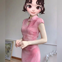 New Chinese Style Pink Cheongsam Dress for Women, Summer Slim Fit Qipao with Disc Buckle