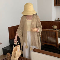 Lightweight Sun Protection Shawl with Tassel Trim, Openwork Mesh, and Side Slits