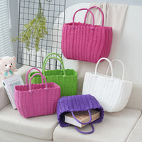 Hand-Woven Plastic Storage Basket with Handle for Shopping, Bath, or Pet Use